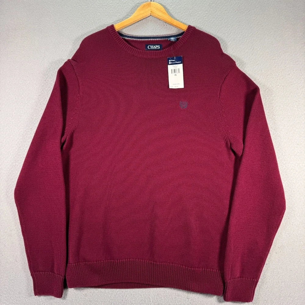 Chaps Iconic Crew Knit‎ Sweater Mens XL Wine Red Crest Comfort Grandpa Trendy